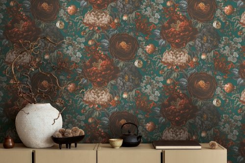 Michalsky Botanical Bllom Rust & Deep Teal Wallpaper