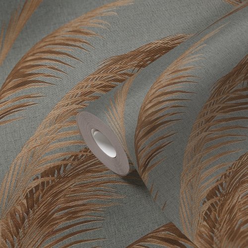 Elegant wallpaper featuring copper palm leaves on a neutral grey backdrop