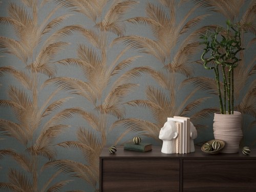 Michalsky wallpaper with shimmering copper palm leaves and a textured grey design