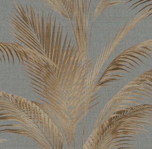 Metallic copper palm leaf wallpaper with a textured grey background by Michalsky.