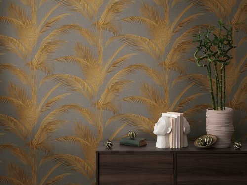 Michalsky wallpaper with shimmering gold palm leaves and a neutral grey background