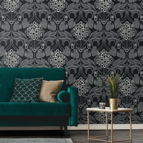 Galerie Floral Hydrangea Black/Grey/White Wallpaper Room