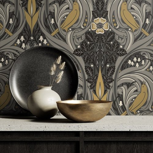 Galerie Bird Scroll Charcoal/Grey/Yellow Wallpaper Room 2