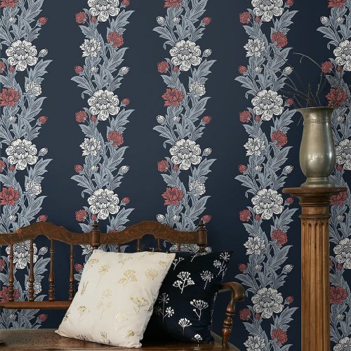 Galerie Blooming Stripe Navy/White/Red Wallpaper Room 2