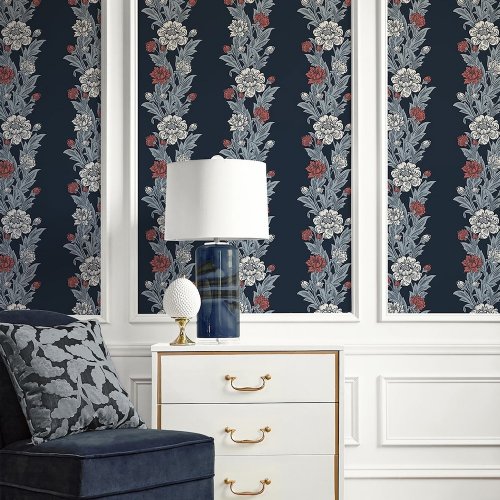 Galerie Blooming Stripe Navy/White/Red Wallpaper Room