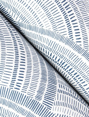 Roll shot of Encircle Indigo and White Wallpaper with layered curved detailing for a modern interior