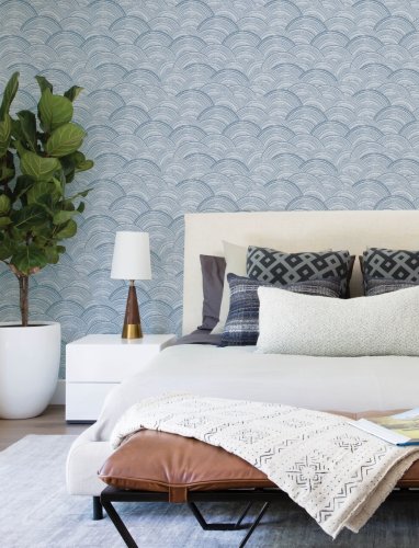 Minimalist indigo and white wallpaper with abstract geometric shapes for a stylish feature wall