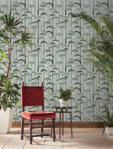 Modern green wallpaper with abstract botanical shapes for a stylish and nature-inspired interior