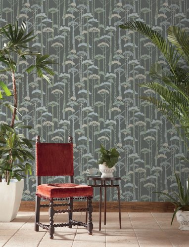 Modern botanical wallpaper with abstract tree designs in blue and grey for a stylish interior