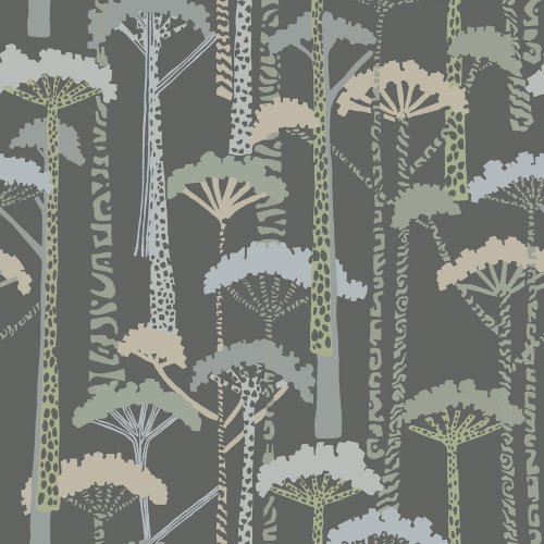 Unify Blue and Grey Wallpaper featuring abstract tree silhouettes in muted blue, grey, and green tones