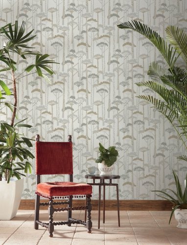 Modern neutral wallpaper with abstract botanical shapes in gold and taupe for a stylish interior