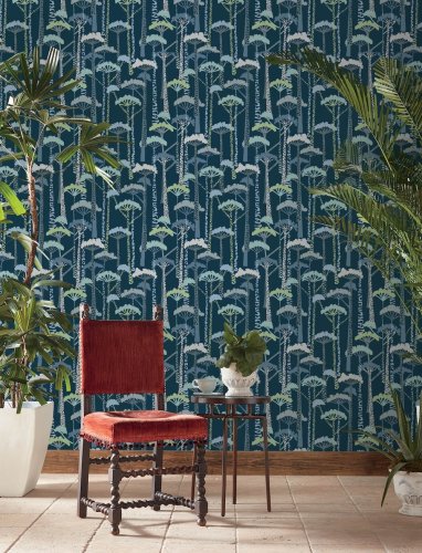 Modern botanical wallpaper with abstract tree designs in deep indigo and green for a stylish feature wall