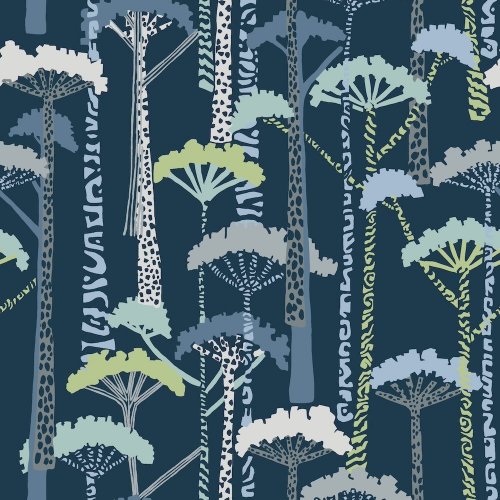 Unify Indigo Wallpaper featuring abstract tree silhouettes in blue, green, and soft white on a dark indigo background