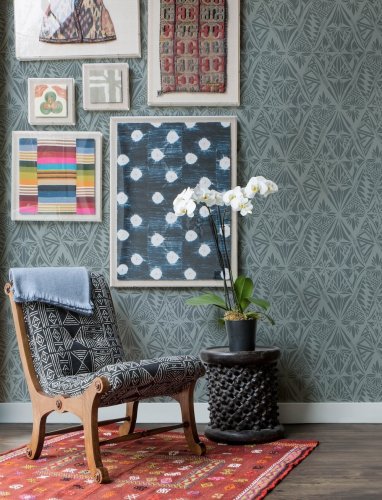 Contemporary blue wallpaper with intricate geometric patterns for a modern interior