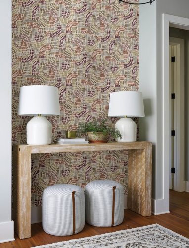 Contemporary wallpaper with rich purple and orange tones on a neutral background