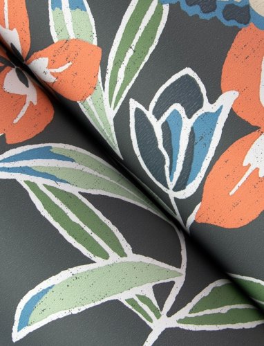 Botanical wallpaper in muted blue, grey, and orange tones