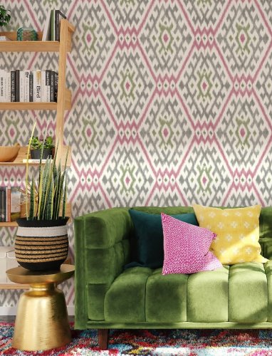 A Street Prints Solola Pink & Grey Wallpaper styled in a modern living space, adding warmth and pattern with its soft colour palette