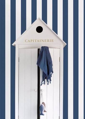 Galerie Awning Stripe Navy Wallpaper Room 2