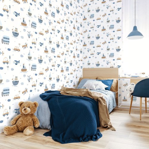 Galerie Transportation Brown/Sky Blue/Navy Wallpaper Room