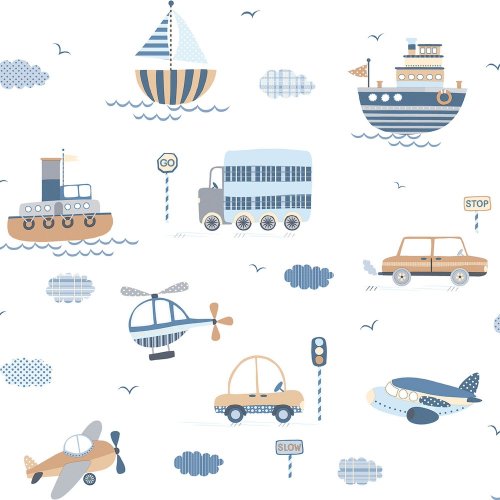 Galerie Transportation Brown/Sky Blue/Navy Wallpaper