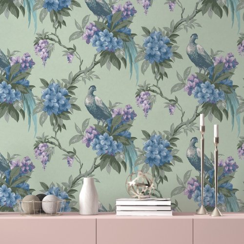 Crown Golden Pheasant Sage Wallpaper Room 2