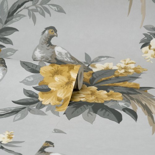 Crown Golden Pheasant Grey / Mustard Wallpaper Roll