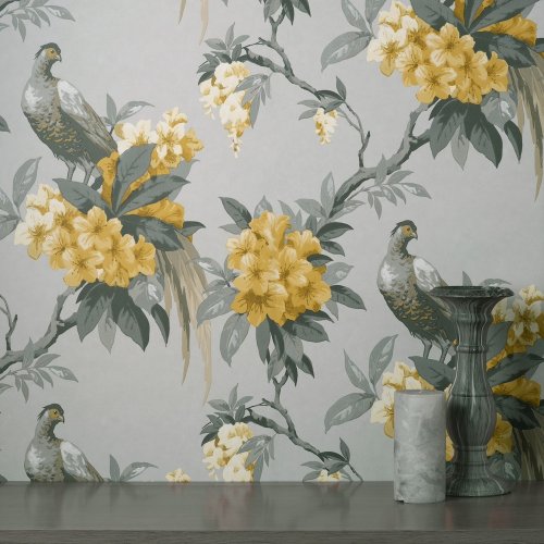 Crown Golden Pheasant Grey / Mustard Wallpaper Room