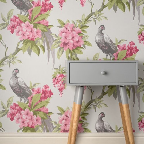 Crown Golden Pheasant Grey/Pink Wallpaper Room