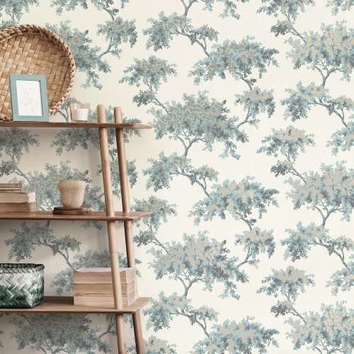 Crown Archive Tree Teal Wallpaper Room 2