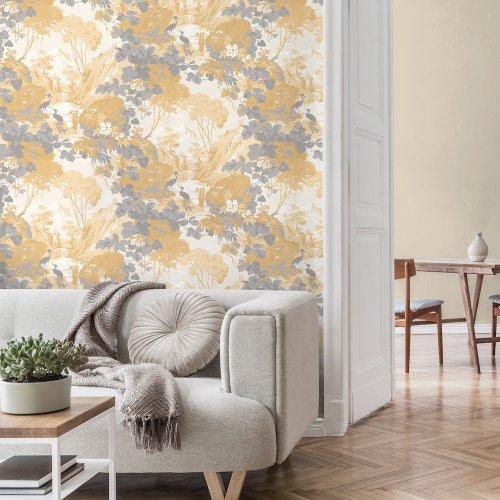 Crown Tranquil Scene Mustard/Grey Wallpaper in Living Room