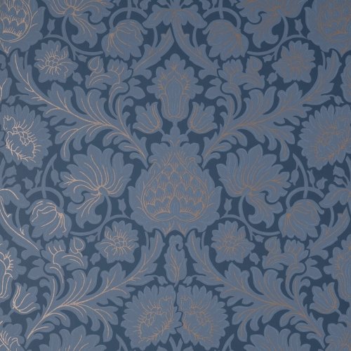 Crown Damask Dark Blue Wallpaper with intricate damask patterns and gold accents