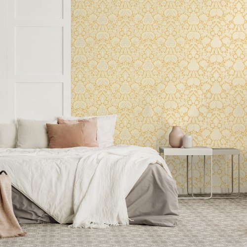 Crown Damask Mustard Wallpaper Room