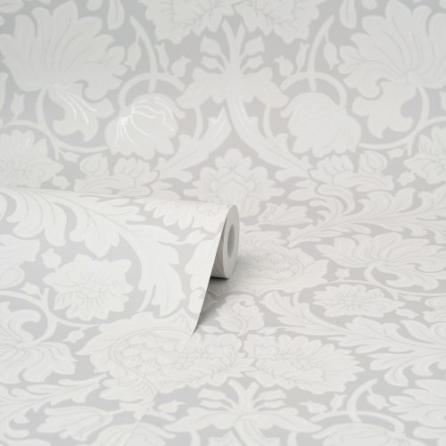 Elegant grey wallpaper featuring detailed damask designs by Crown