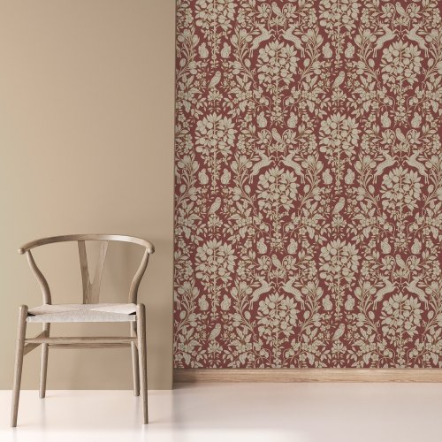 Crown Woodland Red/Gold Wallpaper in Living Room