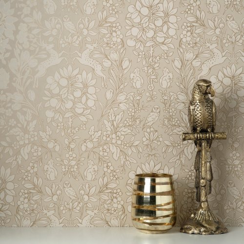 Crown Woodland Beige/Gold Wallpaper in Living Room