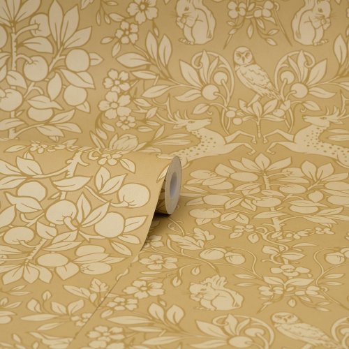 Roll of Crown Woodland Mustard Wallpaper showing intricate mustard yellow design.