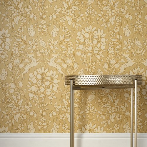 Room setting with Crown Woodland Mustard Wallpaper on an accent wall.