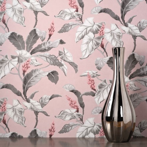 Room styled with Crown Meridian Parade Pink and Grey Wallpaper featuring elegant floral design