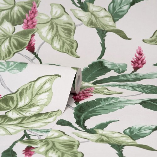 Roll of Crown Meridian Parade Grey, Pink and Green Wallpaper featuring botanical print