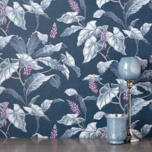 Crown Meridian Parade Dark Blue and Purple Wallpaper in a decorated room