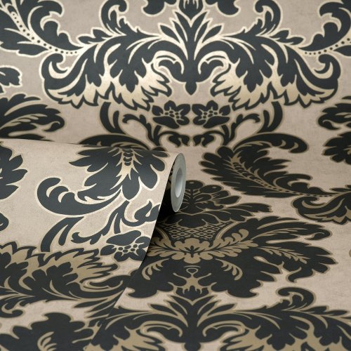 Crown Damask Black Wallpaper Roll