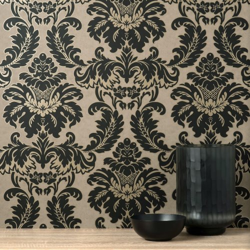 Crown Damask Black Wallpaper Room