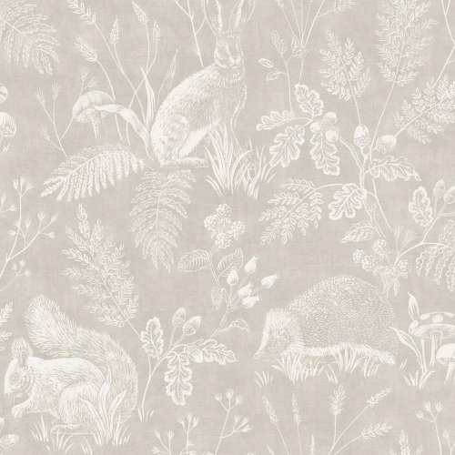 Crown Woodland Toile Beige Wallpaper with intricate sketches of rabbits, squirrels, and hedgehogs