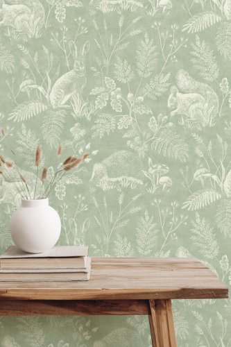 Crown Woodland Toile Green Wallpaper Room