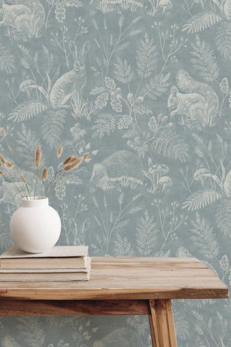 Crown Woodland Toile Blue Wallpaper Room