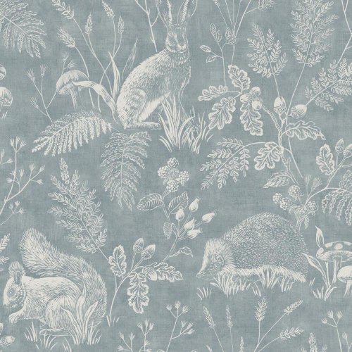 Crown Woodland Toile Blue Wallpaper with intricate sketches of rabbits, squirrels, and hedgehogs