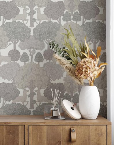 Elegant woodland scene wallpaper with stags, Crown Forest of Arden Grey