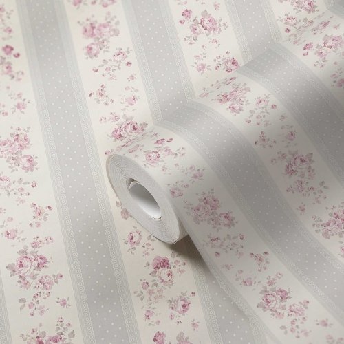 Galerie Vintage Rose Stripe Motif Blue / Pink / White Wallpaper Roll