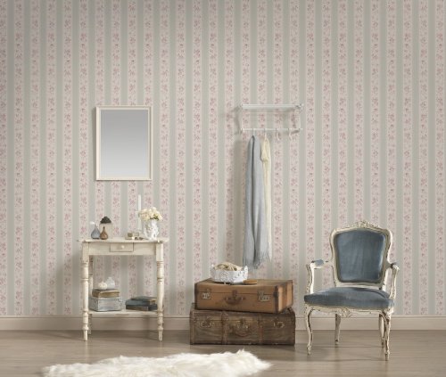 Galerie Vintage Rose Stripe Motif Silver Grey Wallpaper Room 2