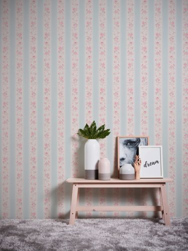 Galerie Vintage Rose Stripe Motif Blue / Pink / White Wallpaper Room 3